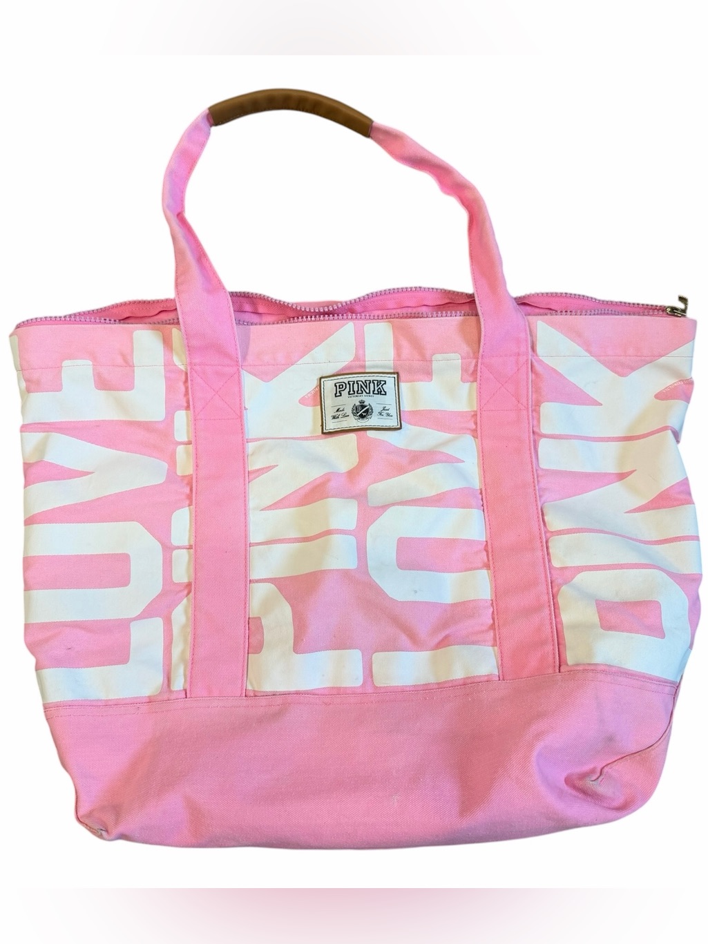 Pink Victoria's Secret Pink And White Canvas Logo Tote